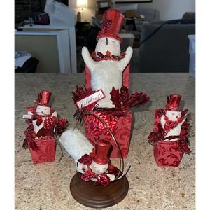 Gorgeous Bobble Snowman & Matching Ornaments RED Glitter & Velvet Boxes XX